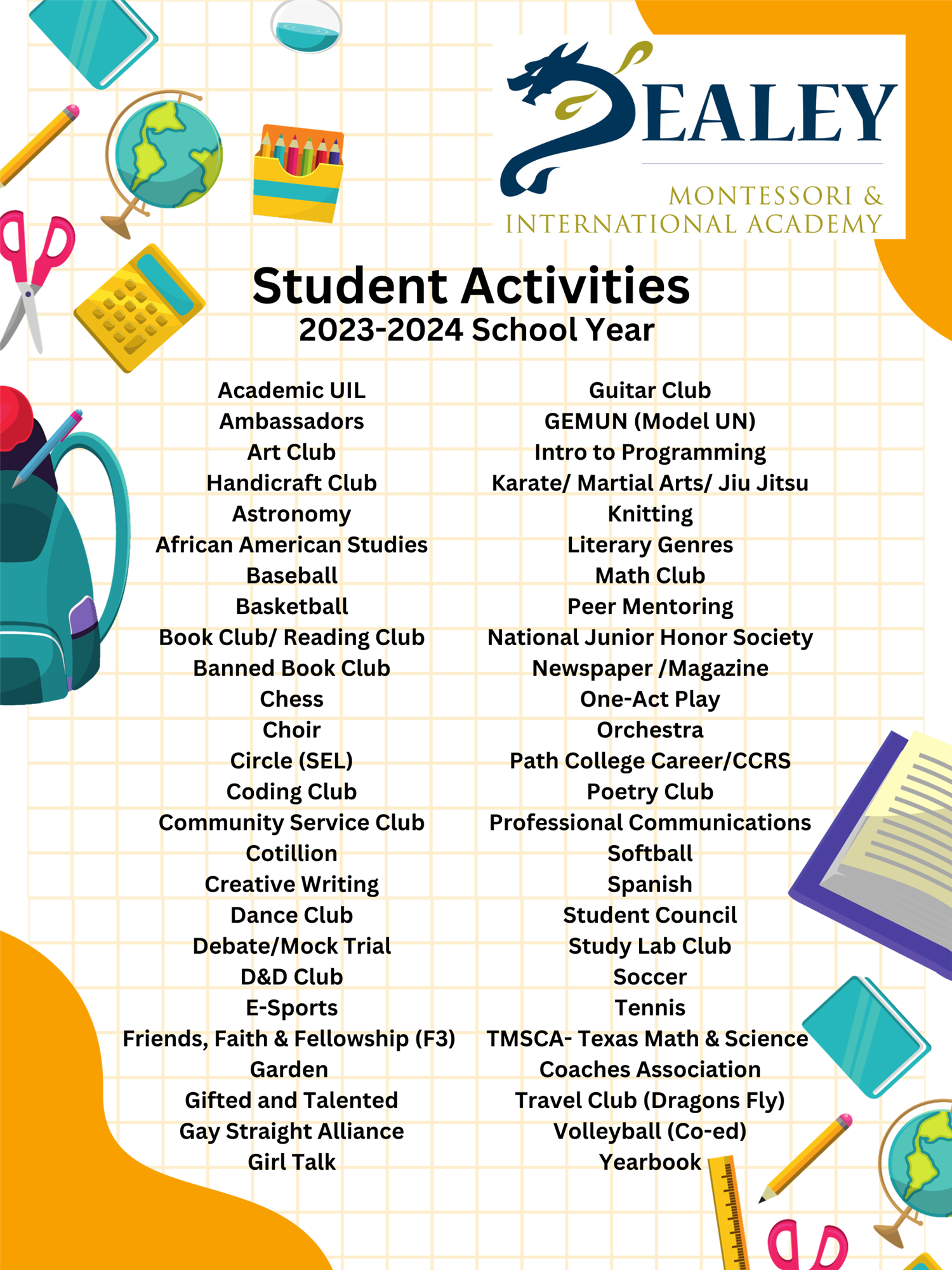 List of current school year activities